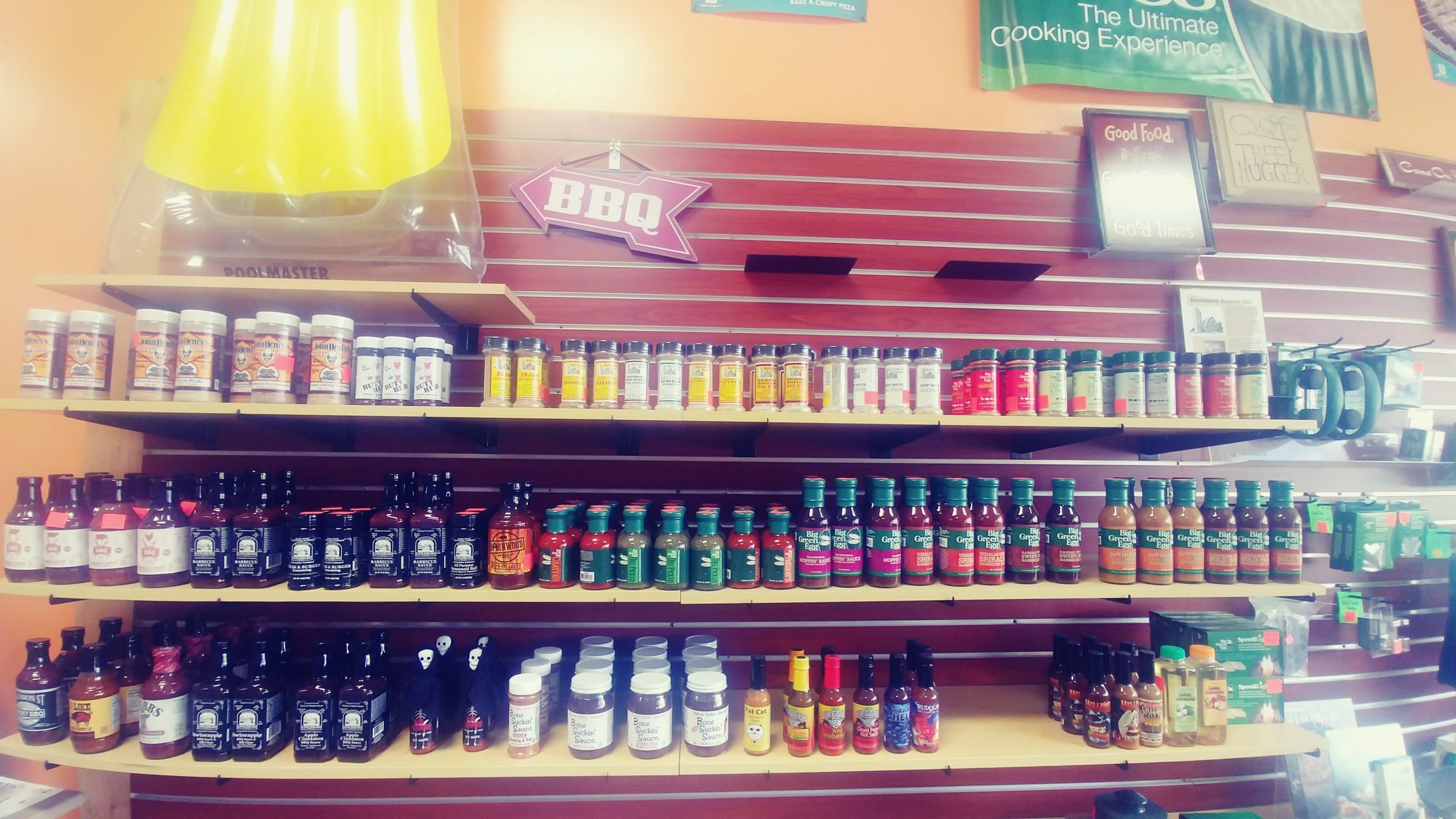 Barbecue sauces and spices in store display