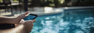 Person using a smartphone to control pool automation settings by a poolside, with the pool in the background and the phone screen displaying automation controls.