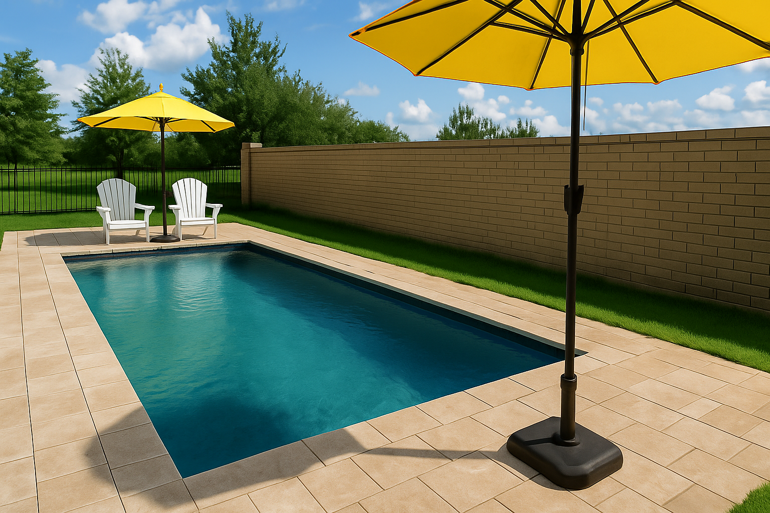 A clean and inviting backyard pool with clear water, beige tiles, and comfortable white chairs under yellow umbrellas, demonstrating the benefits of professional pool maintenance and cleaning