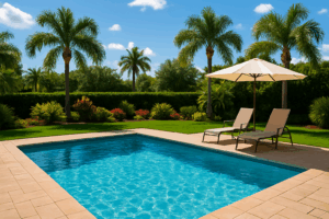 A crystal-clear Florida backyard pool on a sunny summer day, surrounded by palm trees and lounge chairs, reflecting the benefits of professional pool care