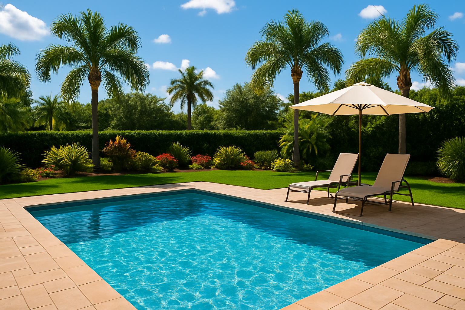 A crystal-clear Florida backyard pool on a sunny summer day, surrounded by palm trees and lounge chairs, reflecting the benefits of professional pool care
