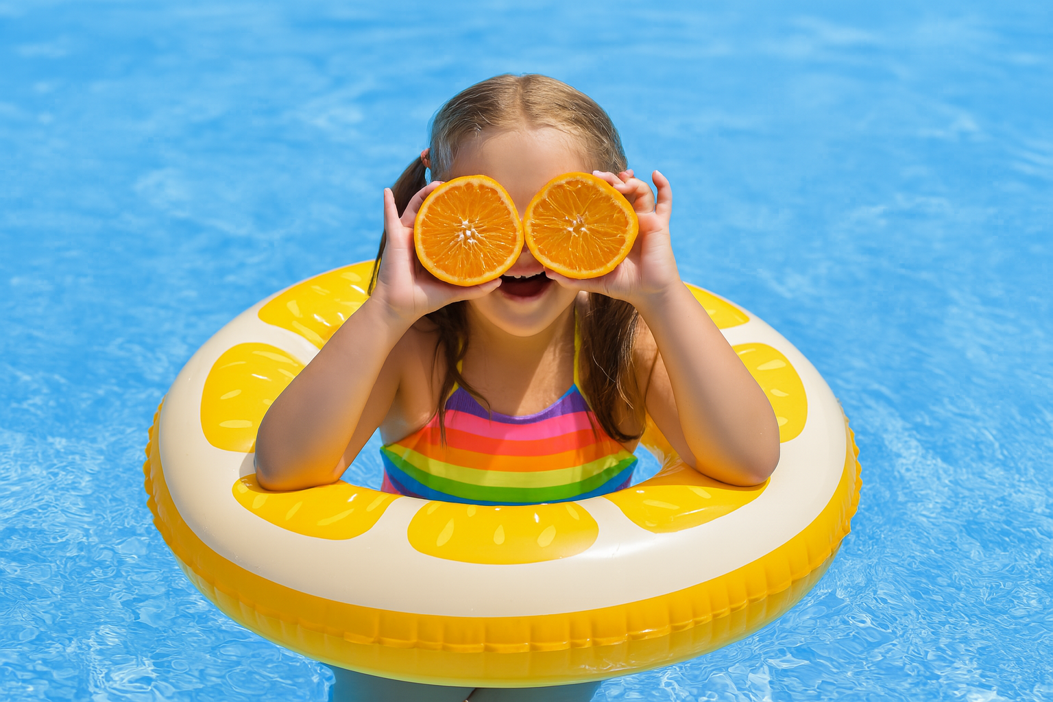 A young girl in a rainbow swimsuit floats in a clear blue swimming pool, smiling while holding orange halves over her eyes like goggles. She is inside a lemon-themed inflatable ring, representing summer fun and clean, inviting pool water thanks to swim n fun pool cleaning services