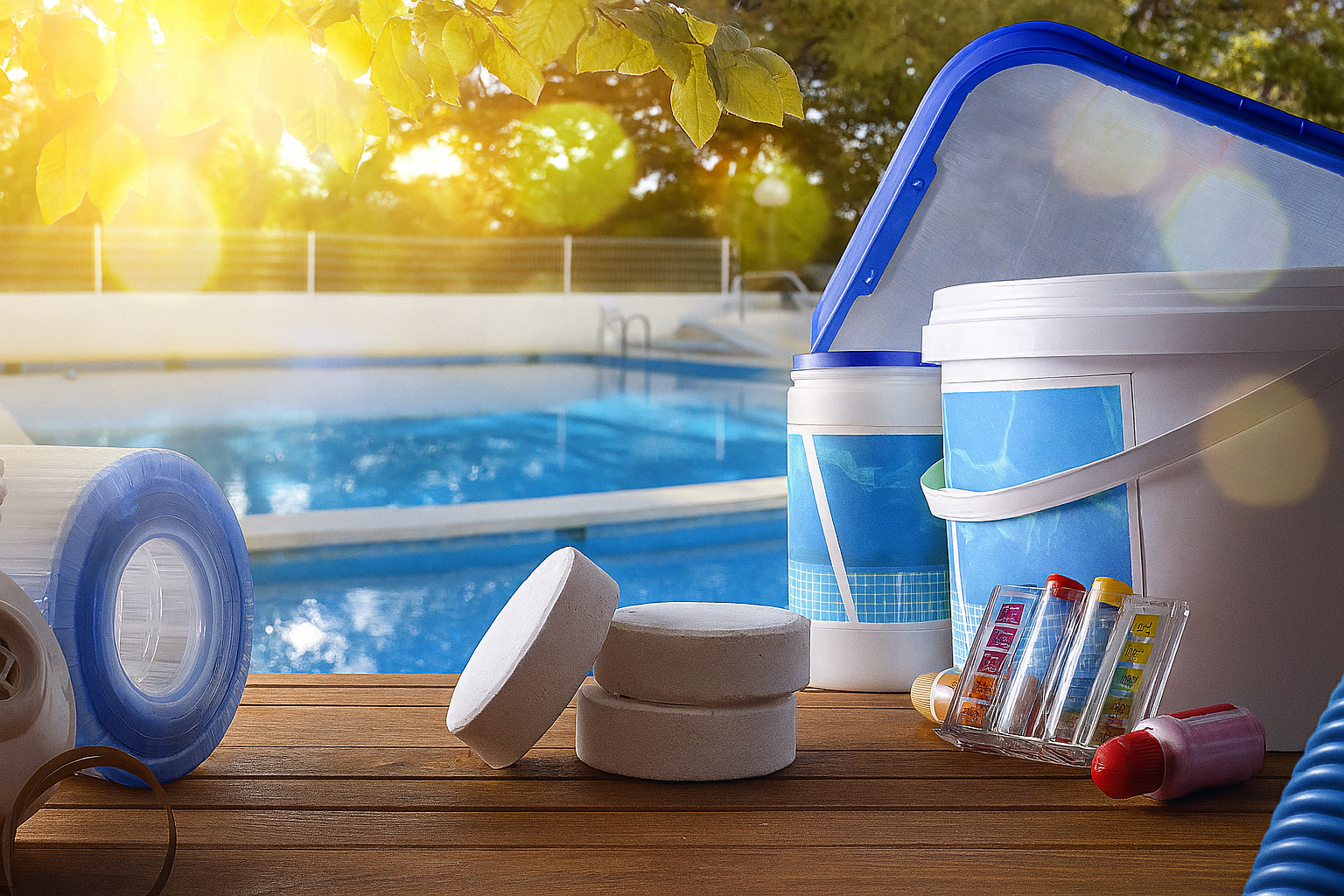 Pool repair tools and chemicals on a wooden deck beside a clear blue pool, with sunlight filtering through nearby trees