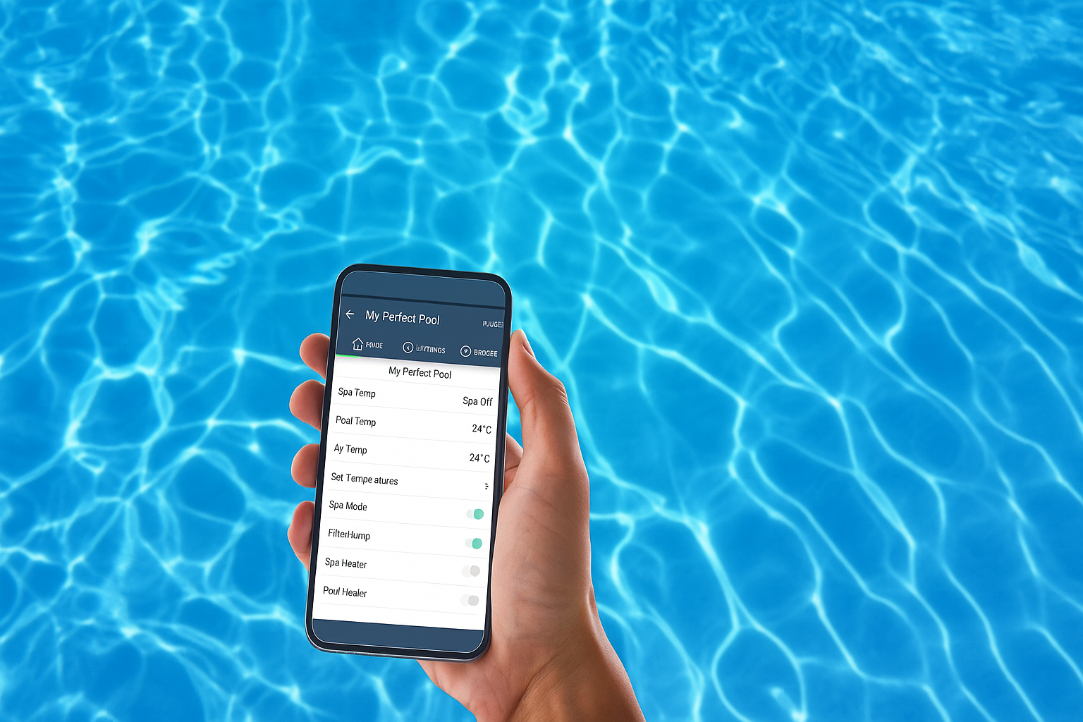 Person holding smartphone to control pool settings with clear blue water in the background