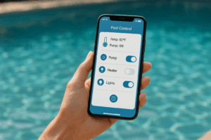 A woman's hand holding a smartphone in front of a clear blue swimming pool, displaying a pool automation app with controls for pump, heater, and lights. The app interface features a clean blue and white design with icons for each setting. The background is slightly blurred, highlighting the sparkling pool water.