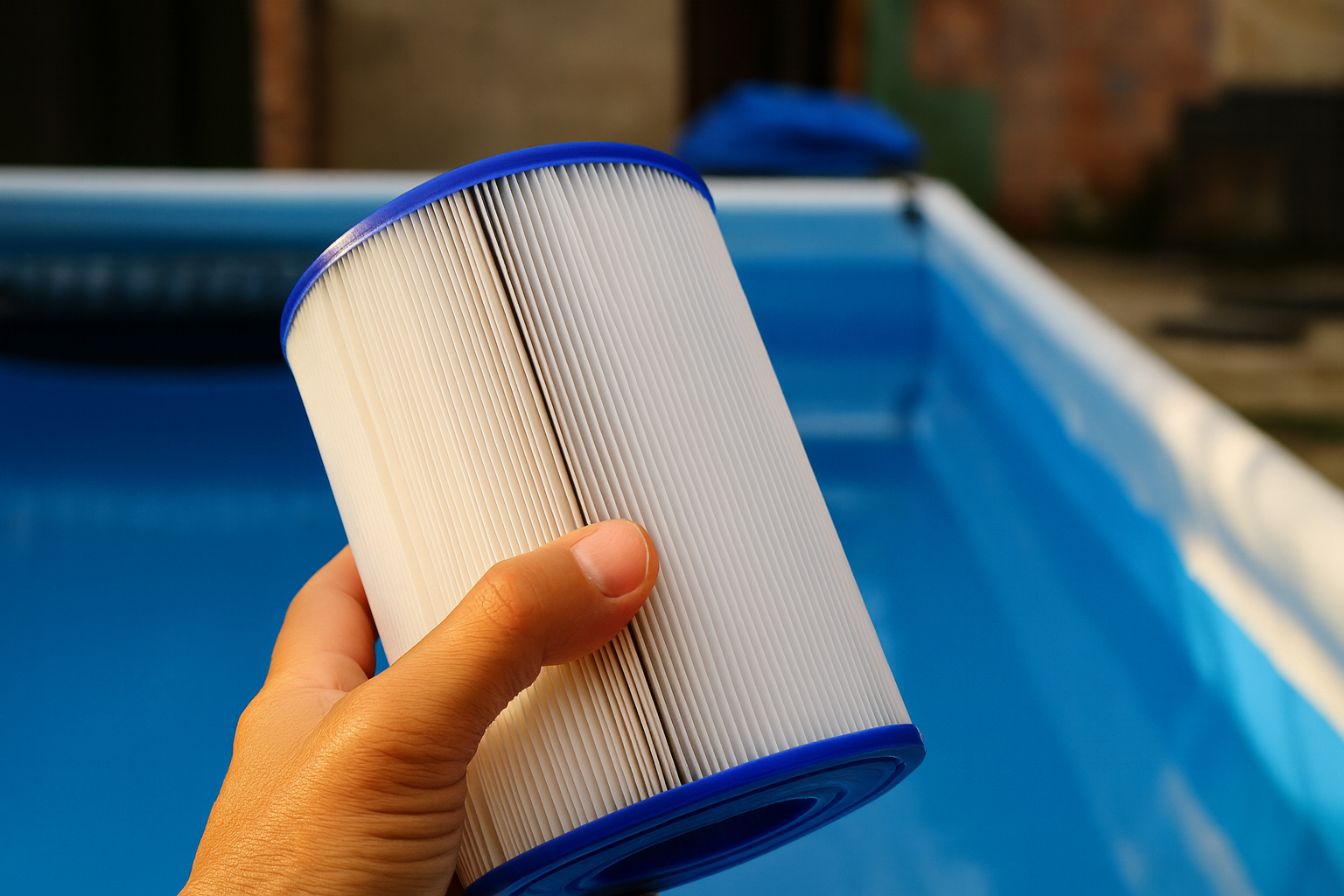 Technician holding a clean cartridge next to a sparkling Florida backyard pool, representing professional pool filter cleaning in Orlando.