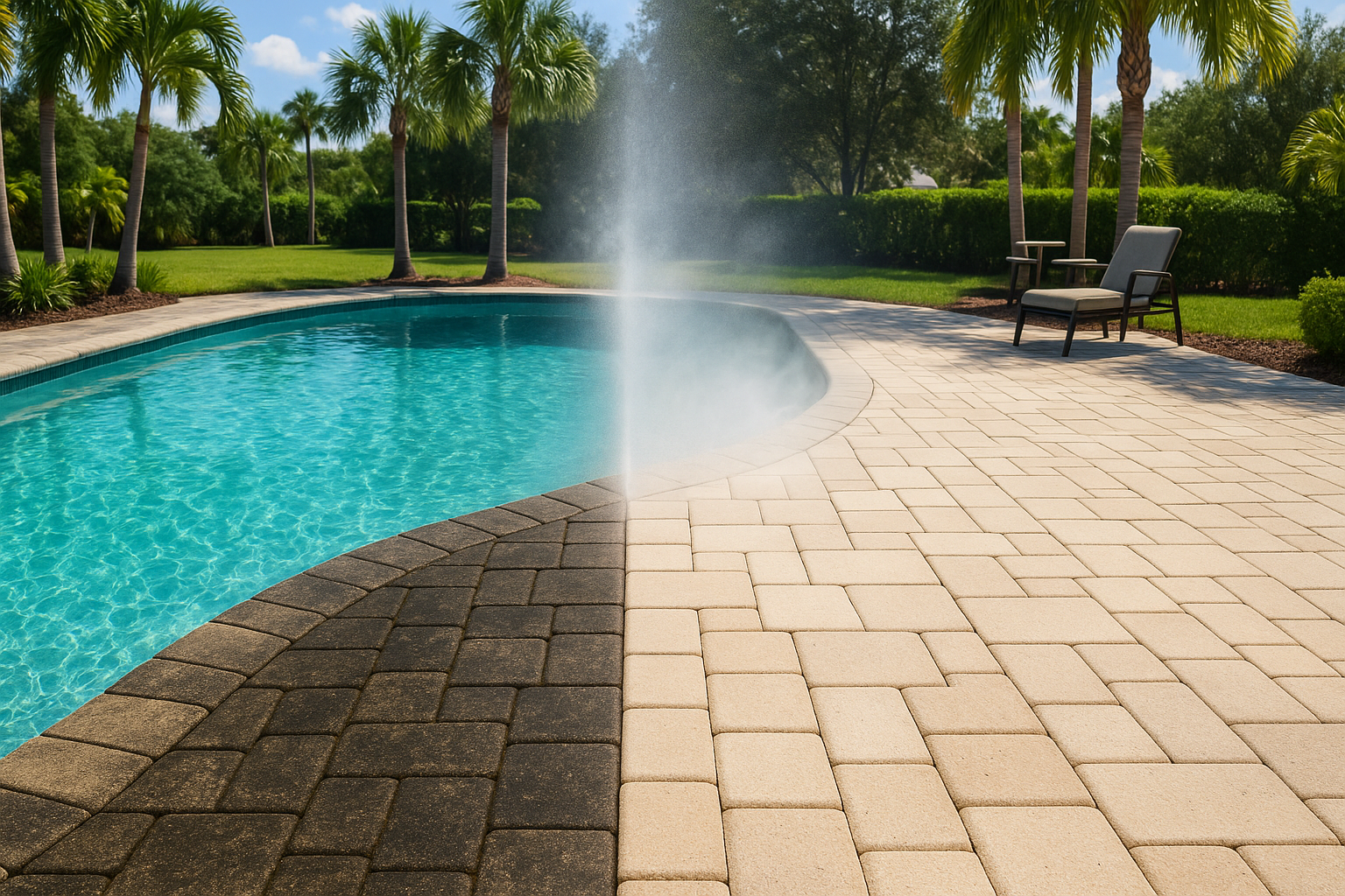 Before-and-after view of a Florida pool deck beside a clear blue pool, showing algae-stained pavers cleaned to a bright, safe surface under palm trees.