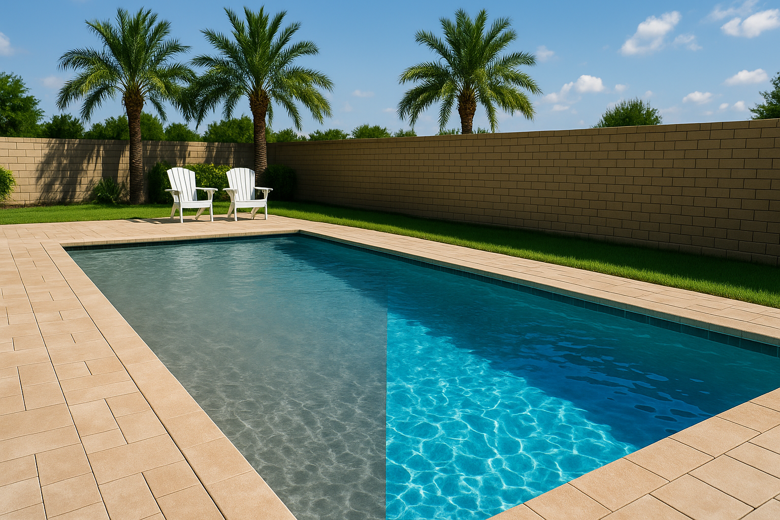 Cloudy pool service Orlando shown with a before/after view—hazy water on one side and clear blue water on the other in a Florida backyard.