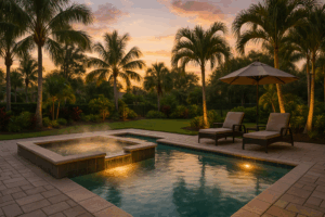Florida backyard pool heater in action: wide shot of a modern pool and attached spa softly steaming at dusk with warm underwater lighting and palm trees.