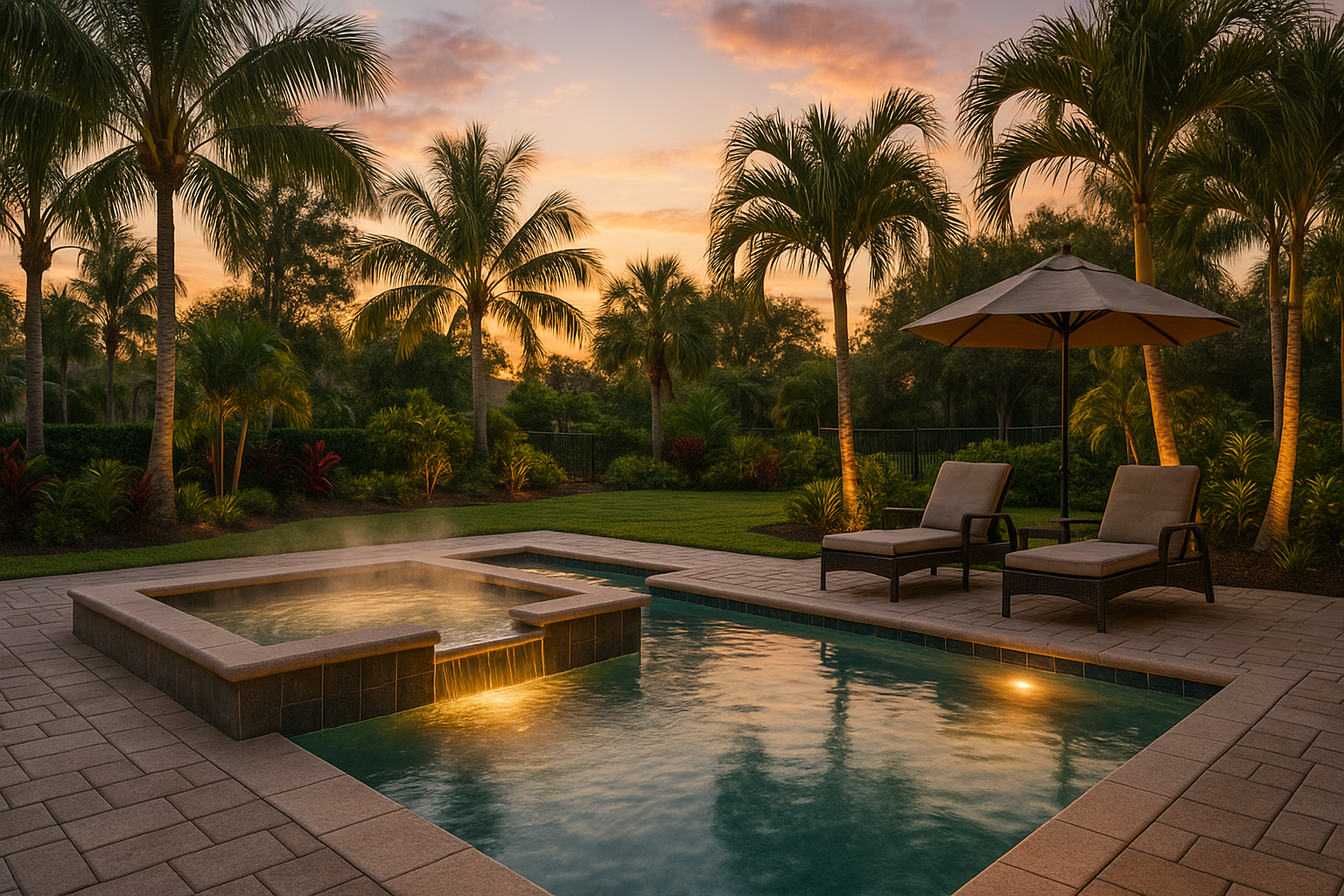 Florida backyard pool heater in action: wide shot of a modern pool and attached spa softly steaming at dusk with warm underwater lighting and palm trees.
