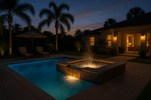Pool heater service Orlando shown by a steaming spa beside a clear blue pool at dusk with palm trees and warm lights.