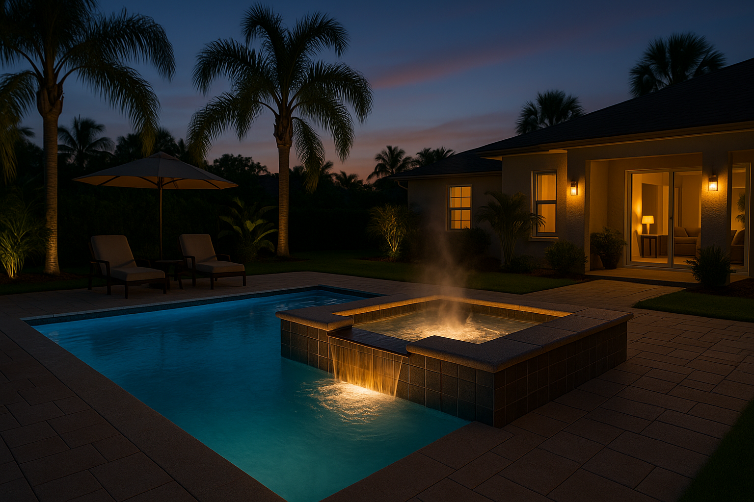 Pool heater service Orlando shown by a steaming spa beside a clear blue pool at dusk with palm trees and warm lights.