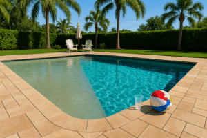 party pool cleanup Orlando shown by a before/after pool view—cloudy water on one side and clear blue water on the other in a Florida backyard.