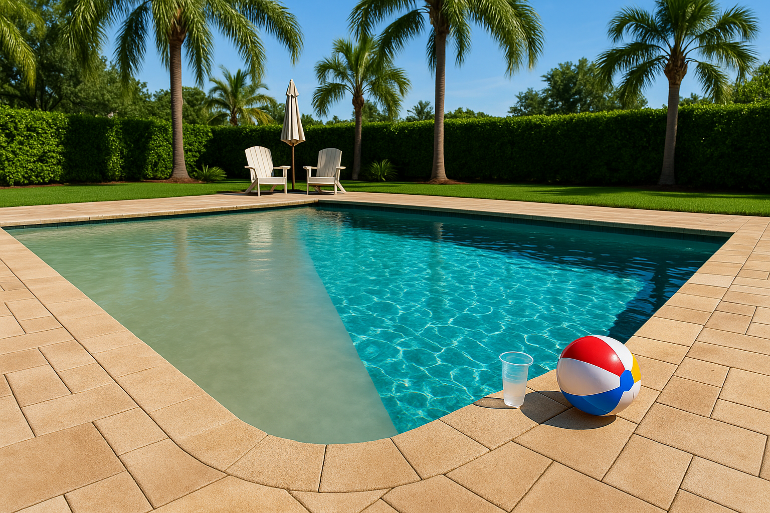 party pool cleanup Orlando shown by a before/after pool view—cloudy water on one side and clear blue water on the other in a Florida backyard.