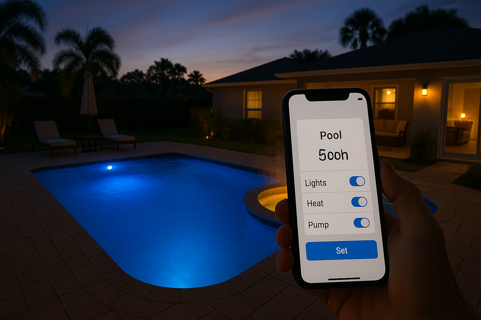 Pool automation Orlando shown by a smartphone controlling a glowing pool and spa at dusk under palm trees.