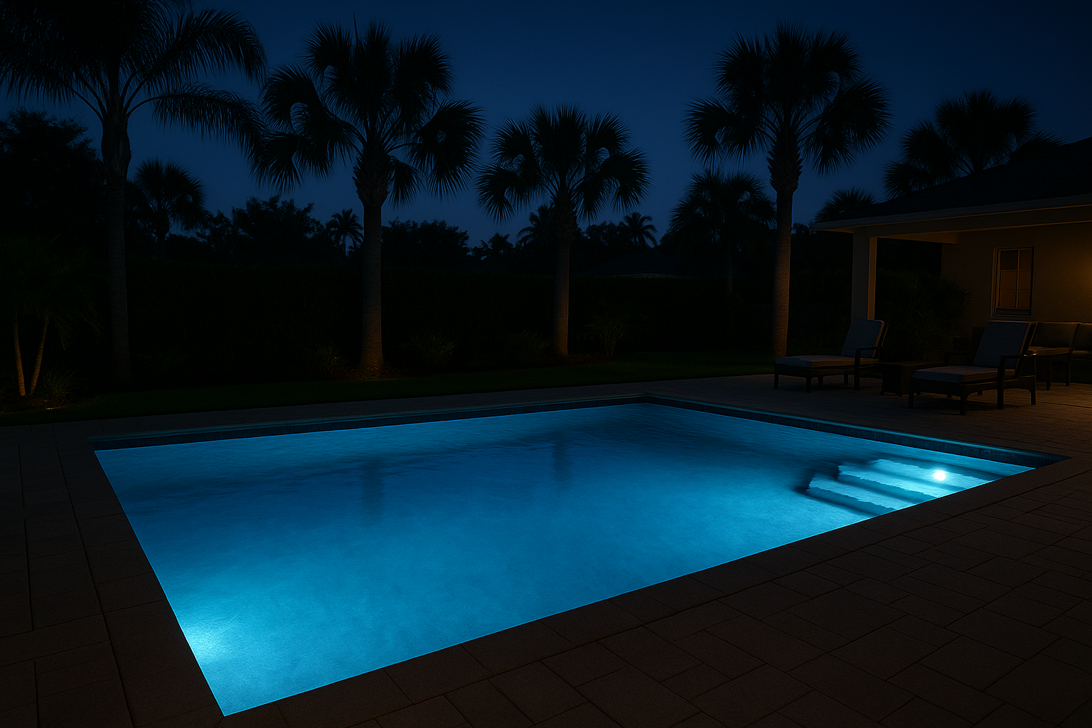 pool light repair Orlando shown by a safely lit nighttime pool with clear blue water and palm silhouettes.
