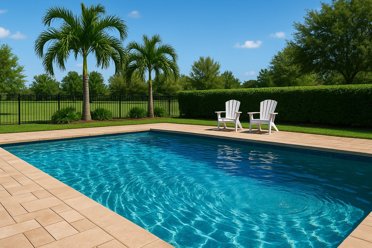Pool pump repair Orlando shown by strong return-jet ripples and a clear skimmer vortex in a bright Florida backyard pool.