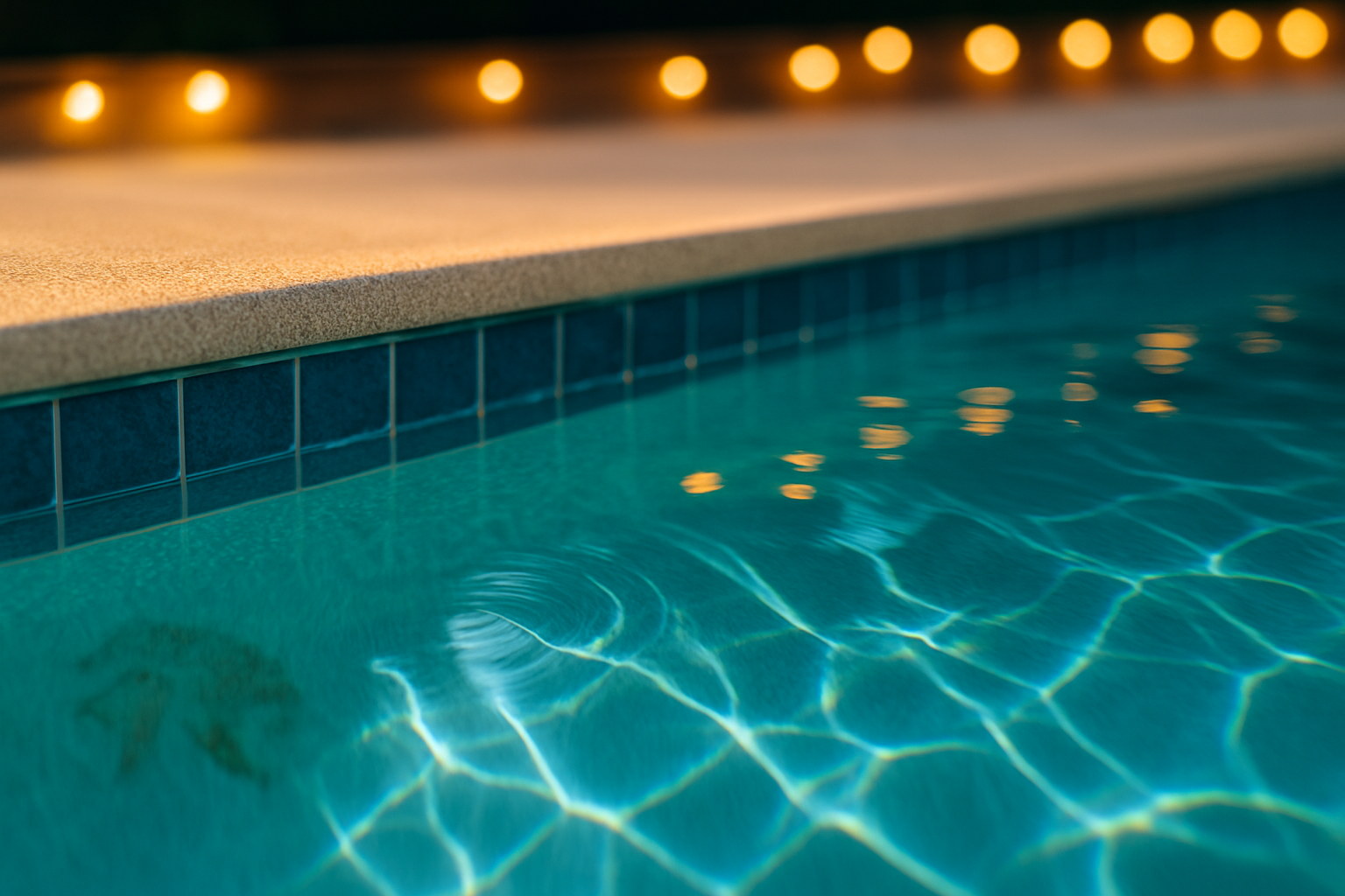 holiday pool service Orlando shown by a crystal-clear waterline with bistro-light reflections and bright sun caustics.