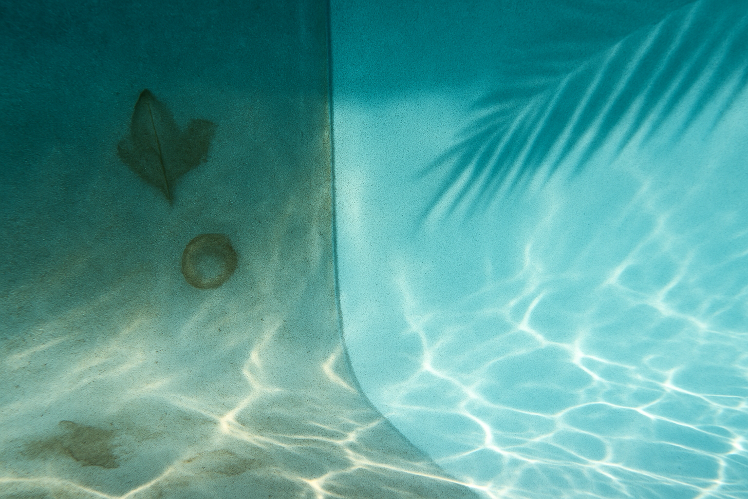 pool stain removal Orlando shown by an underwater view where faint stains fade into clean plaster with sunlit ripples.