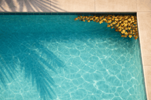 leaf removal pool service Orlando shown by a top-down view of clear blue pool water with fallen leaves clustered in one corner near the waterline.