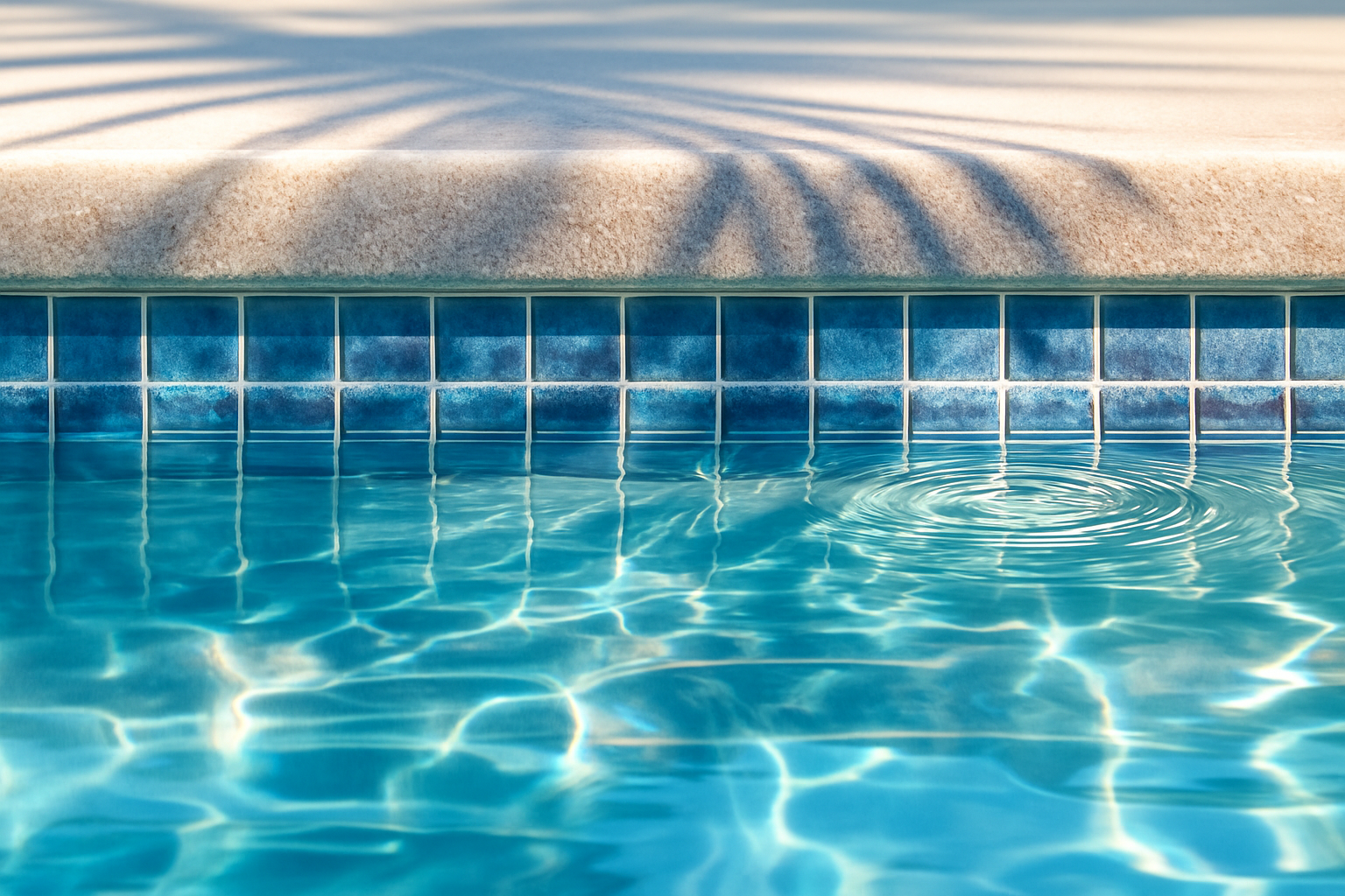 pool evaporation Orlando shown by a waterline close-up with a faint evaporation ring above clear turquoise water and sun caustics.