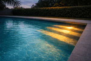 pool heater service Orlando shown by warm glowing shallow-end steps in a Florida pool on a cool early evening.