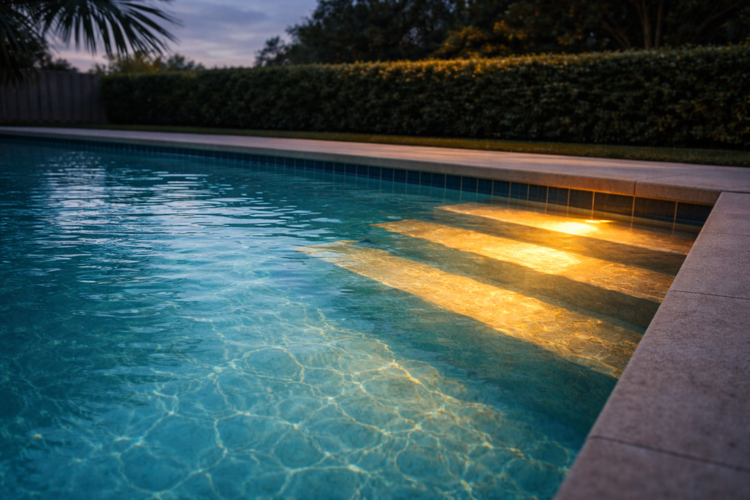 pool heater service Orlando shown by warm glowing shallow-end steps in a Florida pool on a cool early evening.