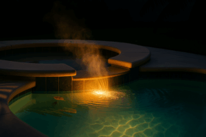 spa heater repair Orlando shown by a steaming spa spillover at dusk with warm water glow and palm-shadow silhouettes.