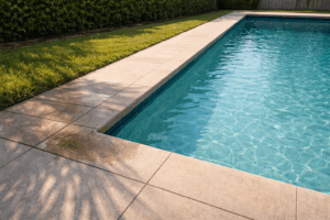 pool leak detection Orlando shown by a clear pool beside a deck with a dark damp patch and wet soil along the edge.