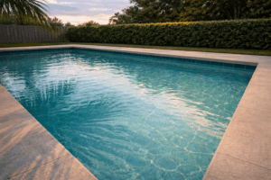 salt system winter Orlando shown by a calm teal pool in cool late-afternoon light with a single palm-tree shadow across the water.