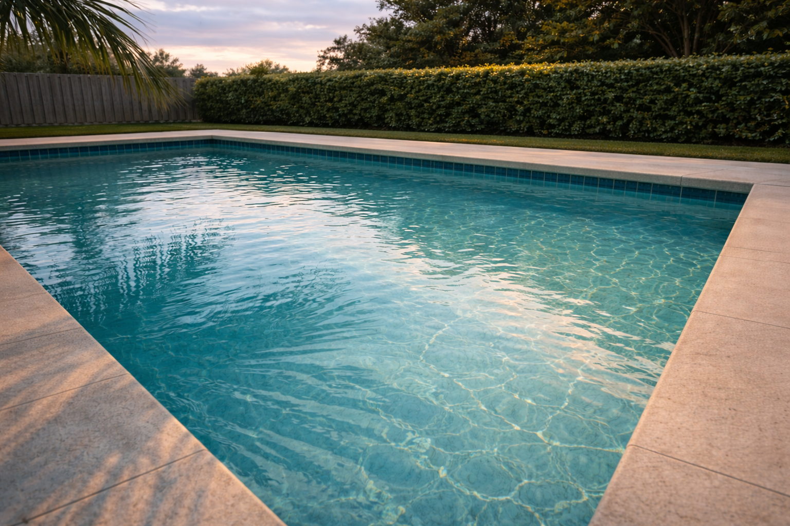 salt system winter Orlando shown by a calm teal pool in cool late-afternoon light with a single palm-tree shadow across the water.
