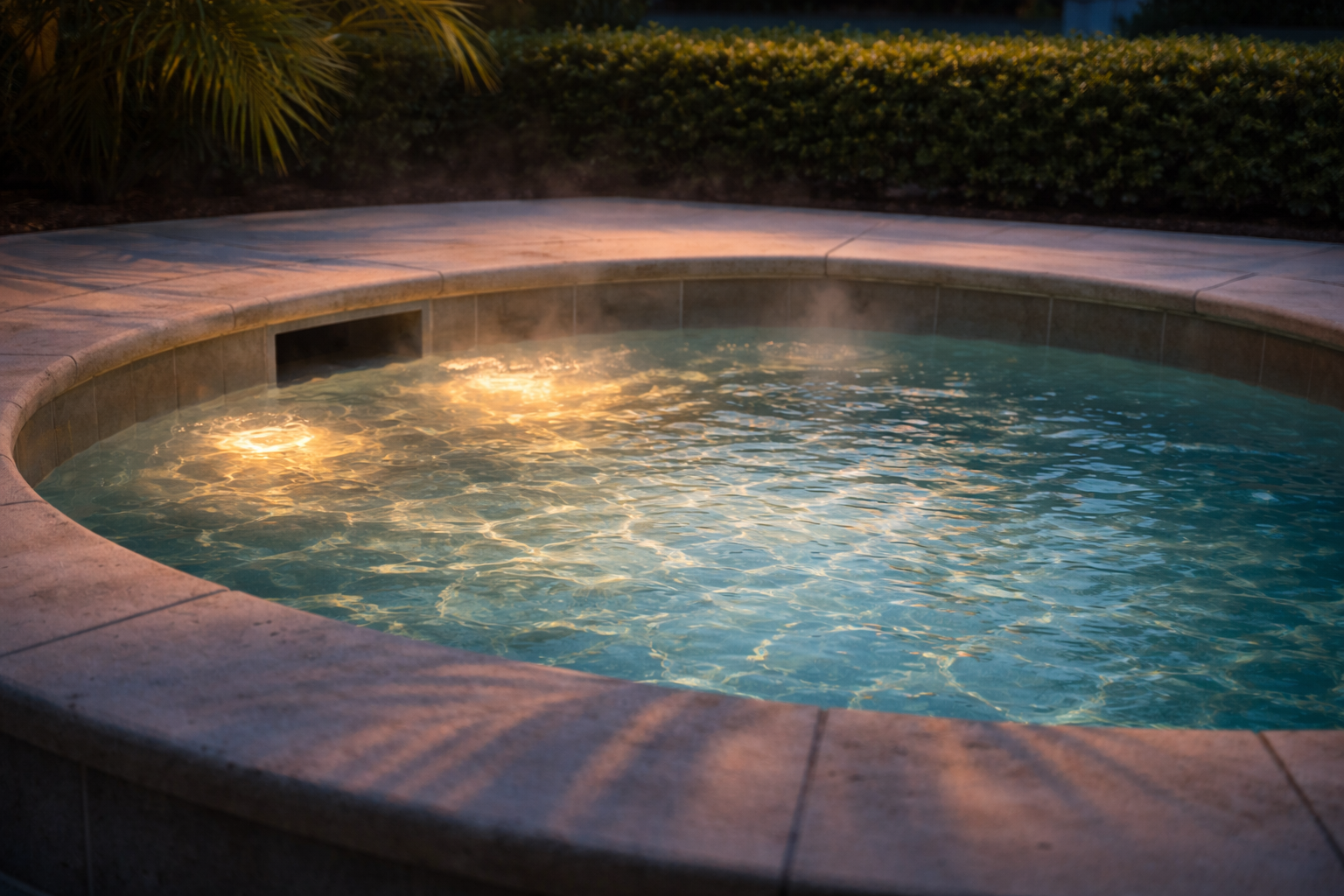 spa maintenance Orlando shown by a warm glowing backyard spa with clear water and soft steam rising on a cool evening.