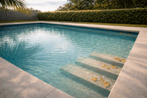 winter pool service Orlando shown by a calm teal pool with a few leaves near the steps and a soft palm shadow in cool morning light.