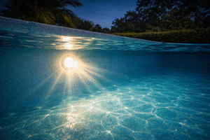 pool light repair Orlando shown by a bright underwater pool light casting beams through clear teal water at dusk.