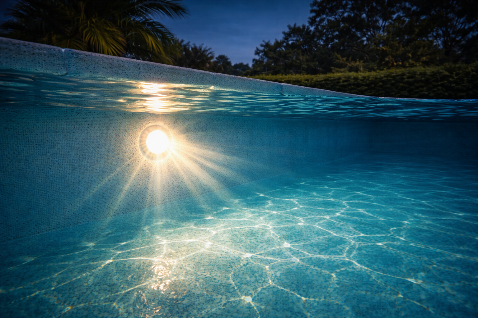 pool light repair Orlando shown by a bright underwater pool light casting beams through clear teal water at dusk.