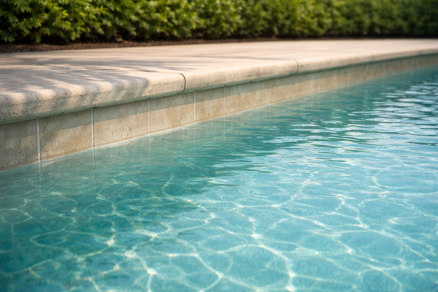 pool tile cleaning Orlando shown by a clear teal pool with a clean light-tan waterline and only a faint band of remaining stain along the tile.