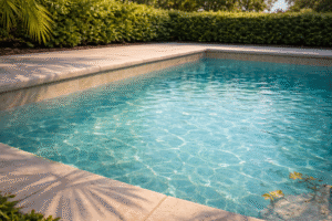 spring pool service Orlando shown by a bright teal backyard pool in afternoon light with gentle ripples and a soft palm shadow on the deck.