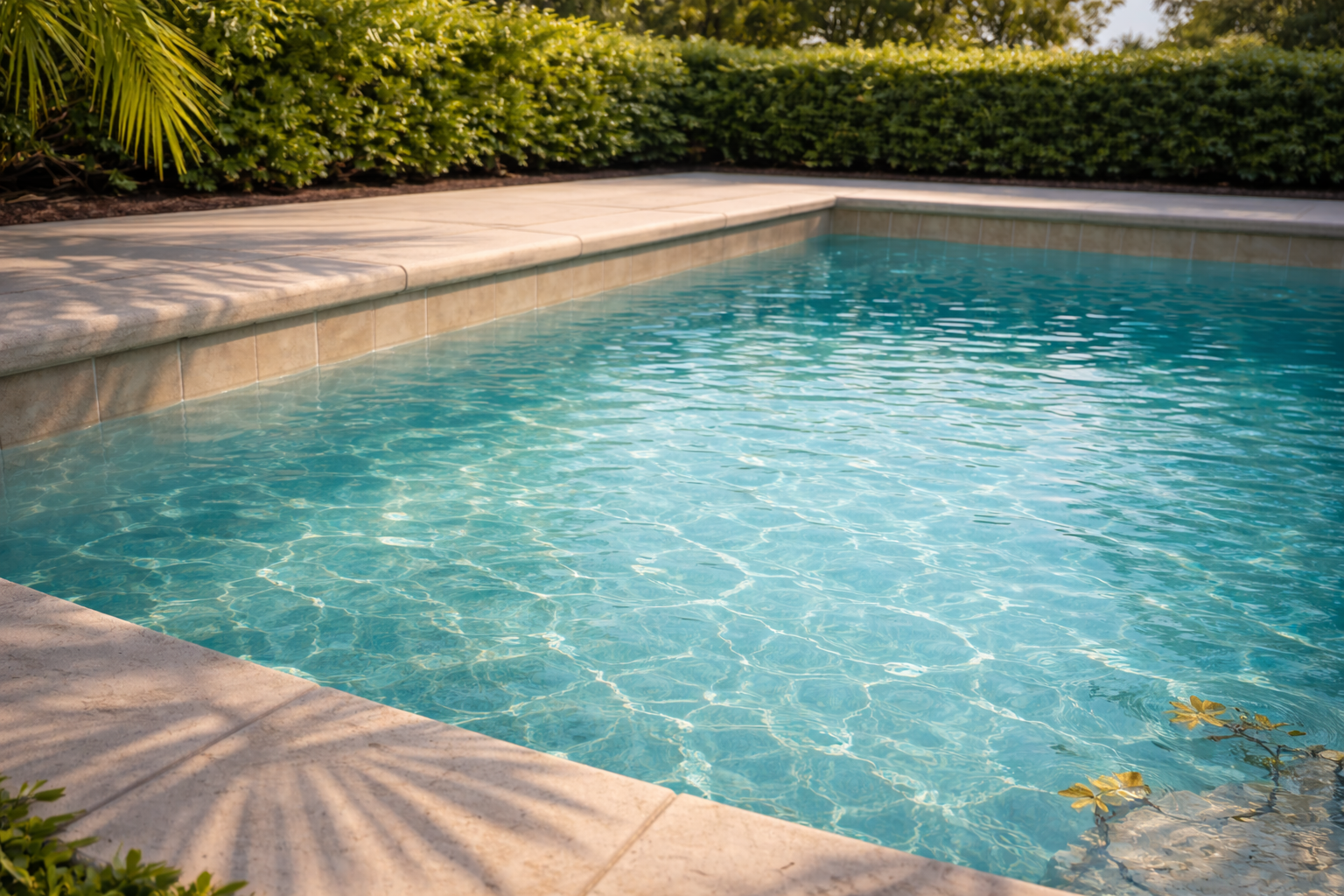 spring pool service Orlando shown by a bright teal backyard pool in afternoon light with gentle ripples and a soft palm shadow on the deck.