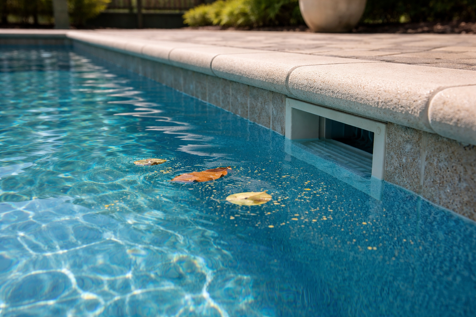 ool skimmer clog Orlando shown by a residential pool surface with leaves and pollen drifting past a skimmer opening in bright spring daylight.