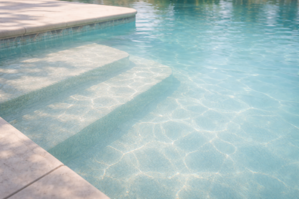 Cloudy pool water Orlando shown by a shallow pool shelf with softened sunlight patterns and slightly hazy blue water obscuring the floor detail.