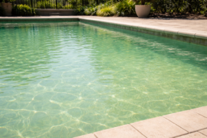 Green pool cleanup Orlando shown by a residential pool with a light green tint across the water under bright spring sunlight.
