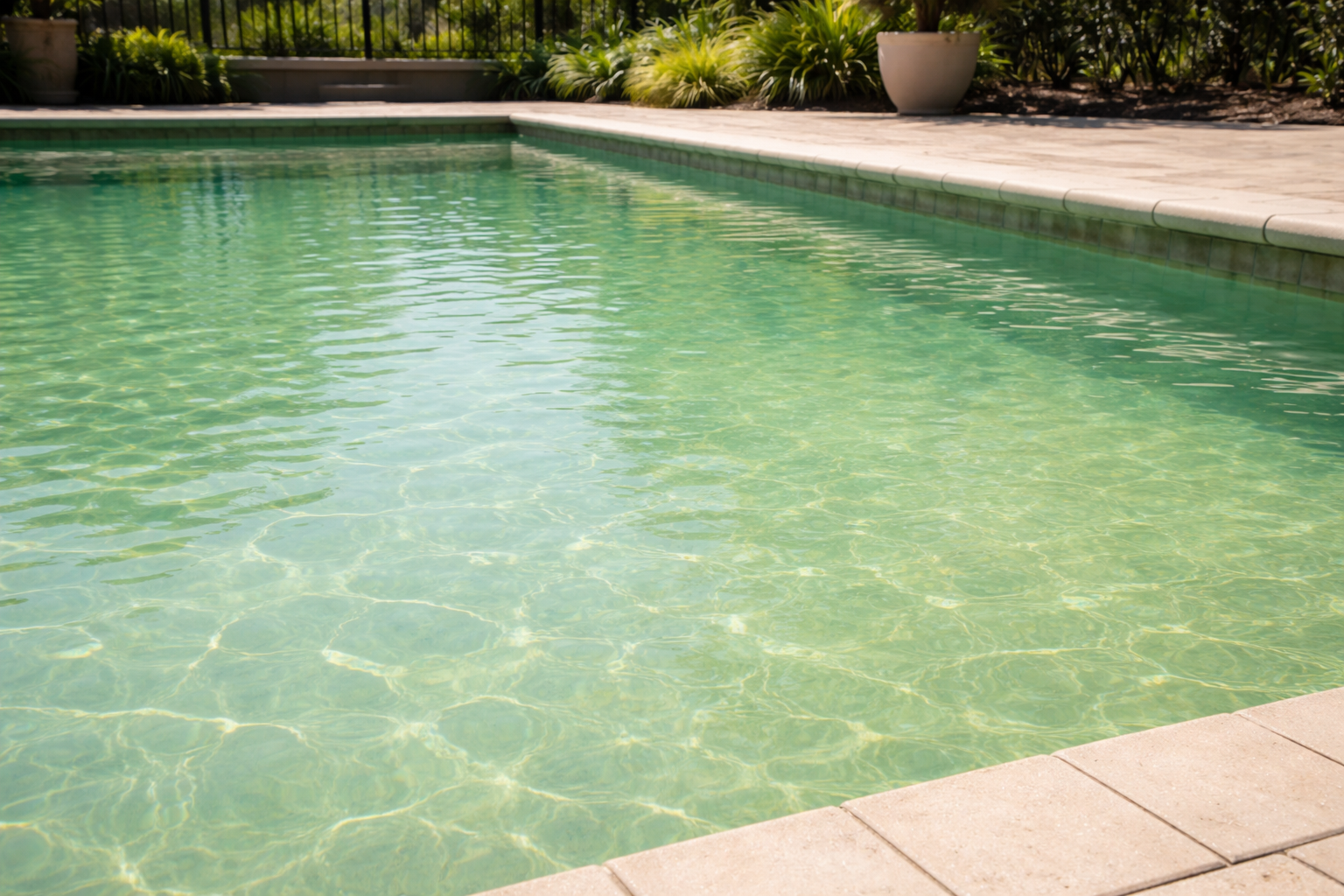 Green pool cleanup Orlando shown by a residential pool with a light green tint across the water under bright spring sunlight.