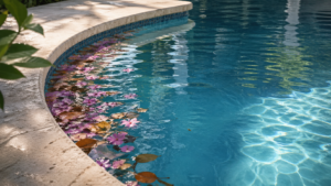 One-time pool cleanup Orlando shown by a quiet corner of a residential pool where spring petals and leaves have drifted together along the water’s edge.