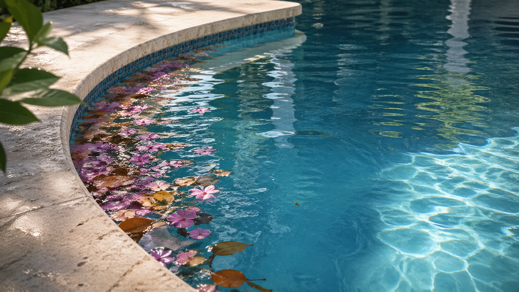 One-time pool cleanup Orlando shown by a quiet corner of a residential pool where spring petals and leaves have drifted together along the water’s edge.