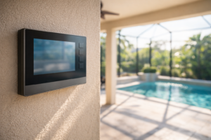 Pool automation Orlando shown by a modern wall-mounted pool control panel under a bright Florida lanai with the backyard pool softly out of focus in the distance.