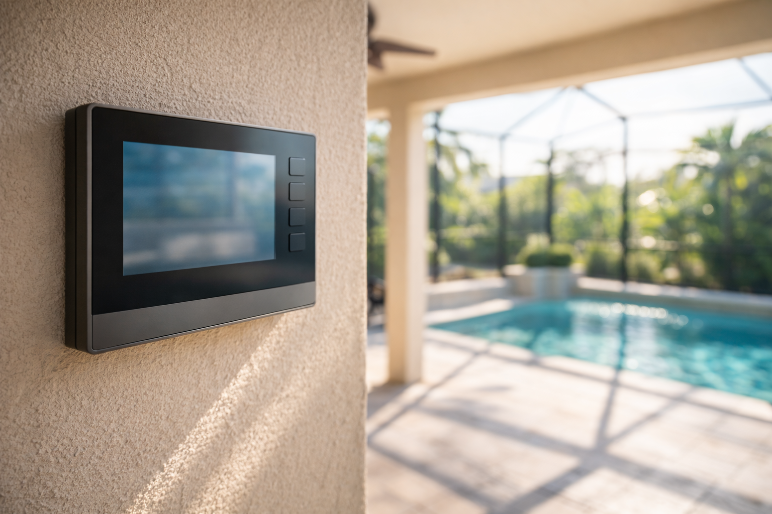 Pool automation Orlando shown by a modern wall-mounted pool control panel under a bright Florida lanai with the backyard pool softly out of focus in the distance.