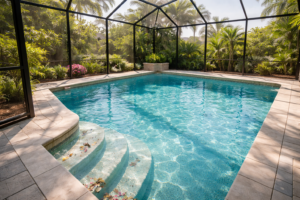 Pool cleanup Orlando shown by a residential backyard pool with light spring debris gathered along the waterline and steps beneath a screened Florida enclosure.