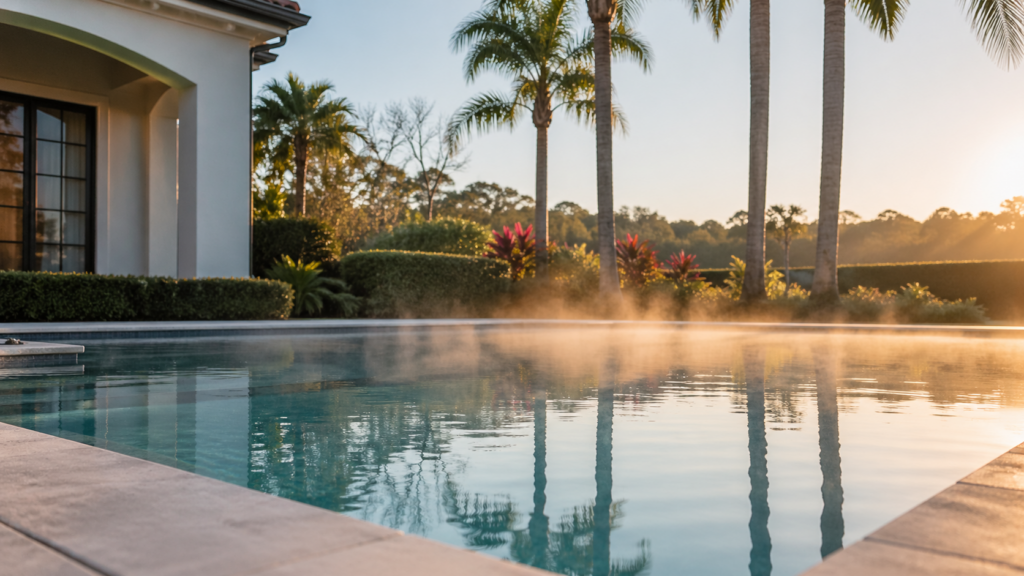 Pool heat repair Orlando shown by a calm residential pool in early morning with a faint band of warmth lifting above the water in cool spring air.