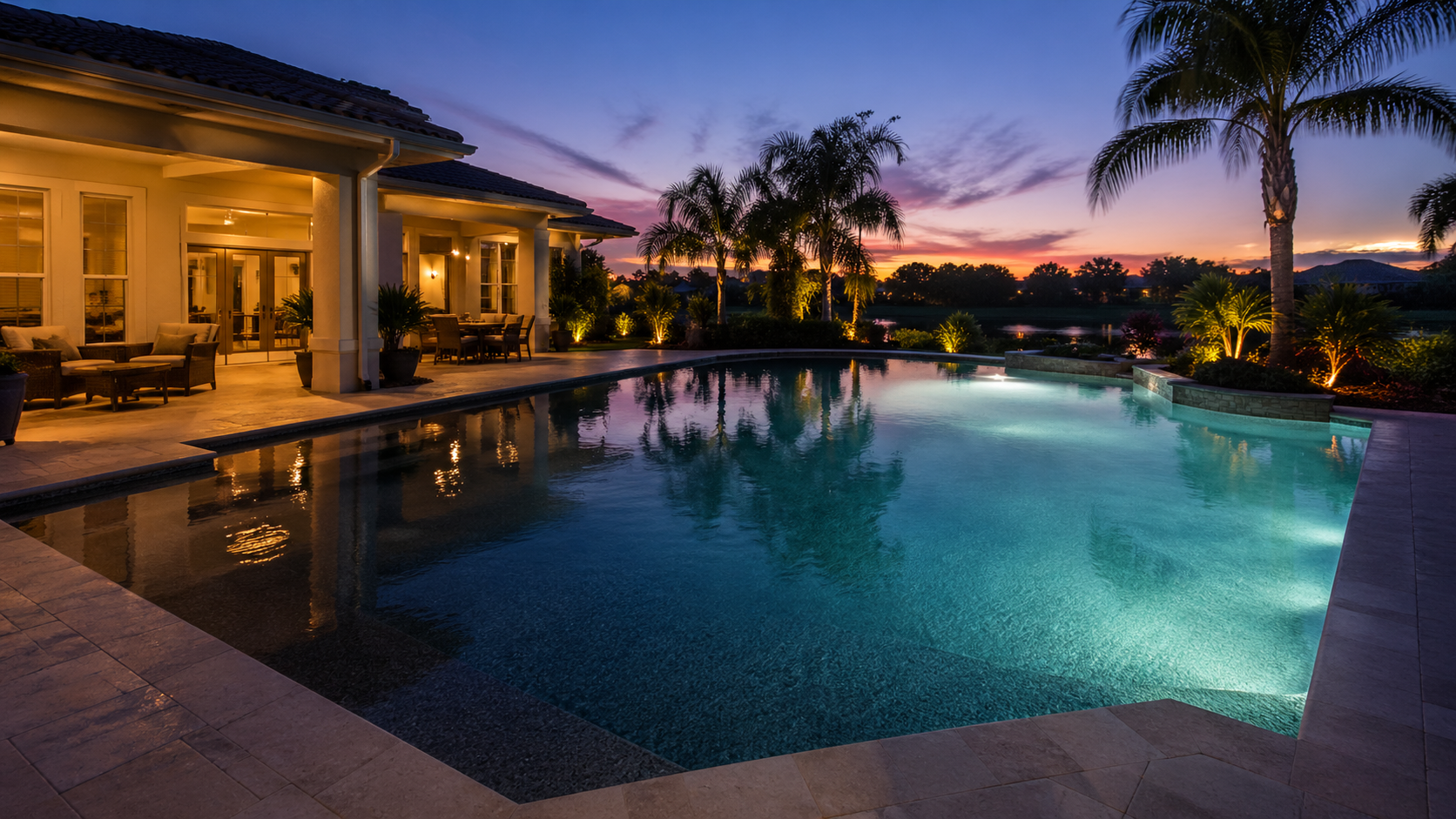 Pool light repair Orlando shown by a residential pool at blue hour with one side softly illuminated while another area remains noticeably dimmer.