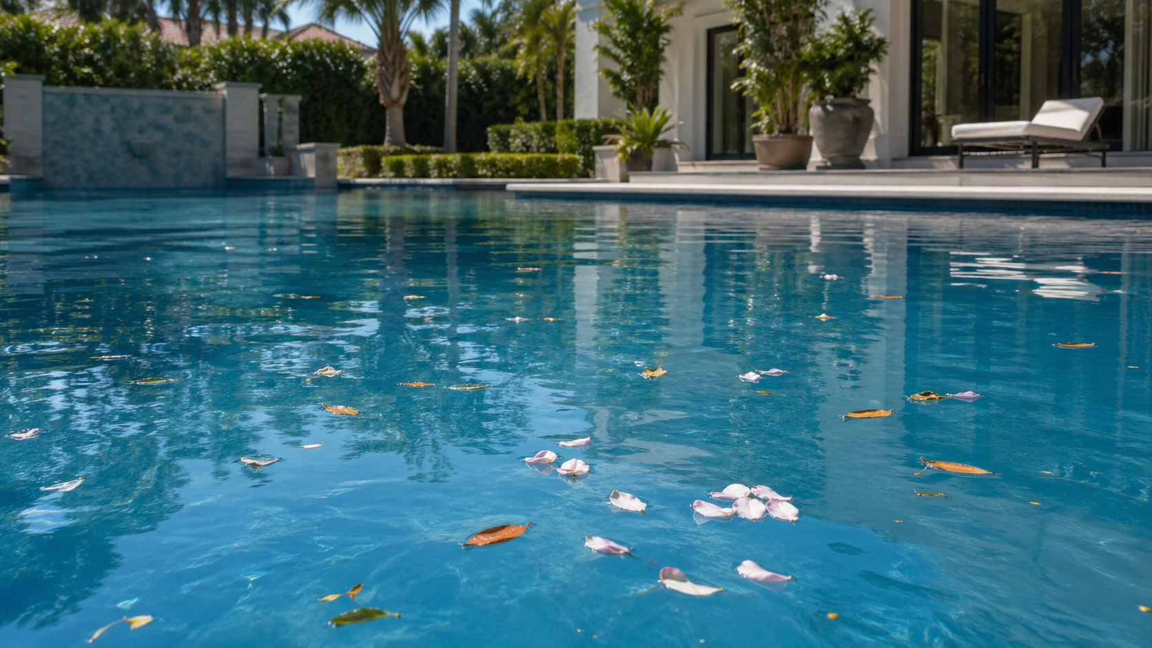 Pool skimmer repair Orlando shown by floating spring debris gliding across a residential pool surface instead of being pulled away quickly.